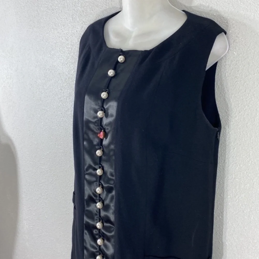 Edward Achour Paris Black Wool Silk Faux Pearl Button Shift Dress 14 W8